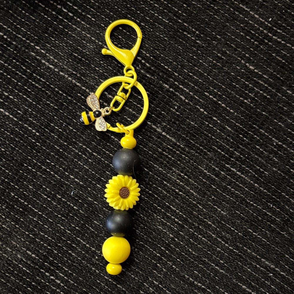 Handmade Yellow and Black Beaded Keychain with Bee Charm